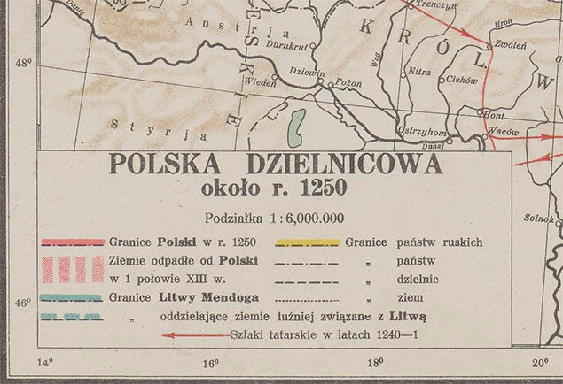Polska Dzielnicowa ok. 1250 - Rozbicie Dzielnicowe - Władysław Semkowicz 1932 - Plakat z Mapą