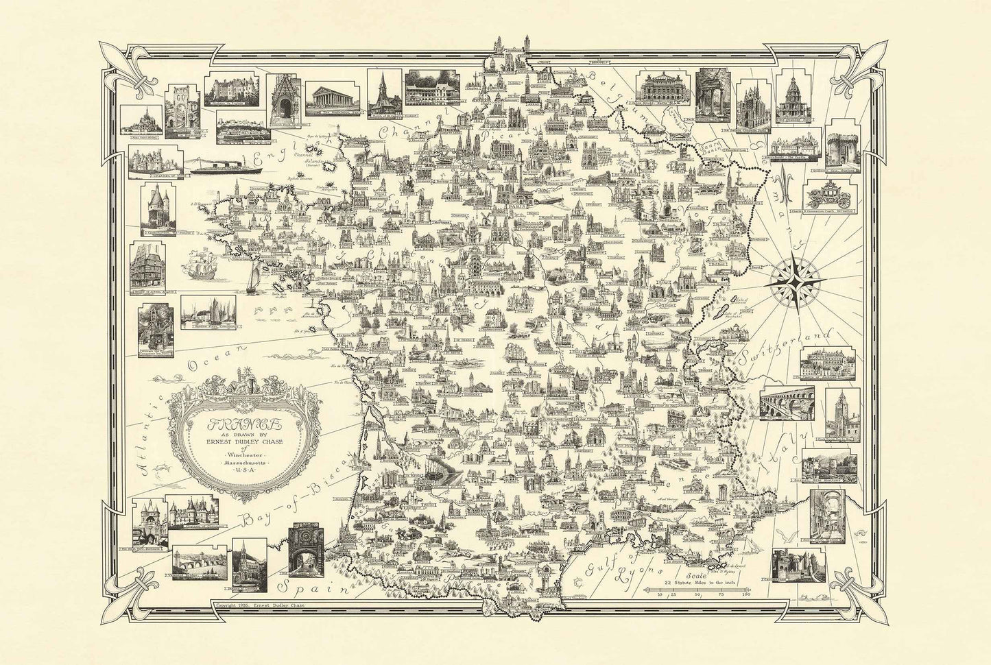 France Pictorial Map Poster (1935) - Vintage French Landmarks Wall Art