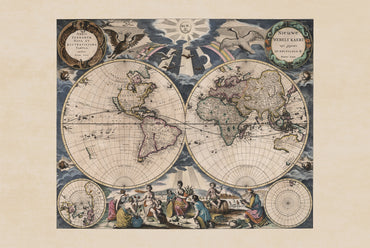 Pieter Goos 1667 wereldkaart poster - met sierlijke illustratie en atlasstijl