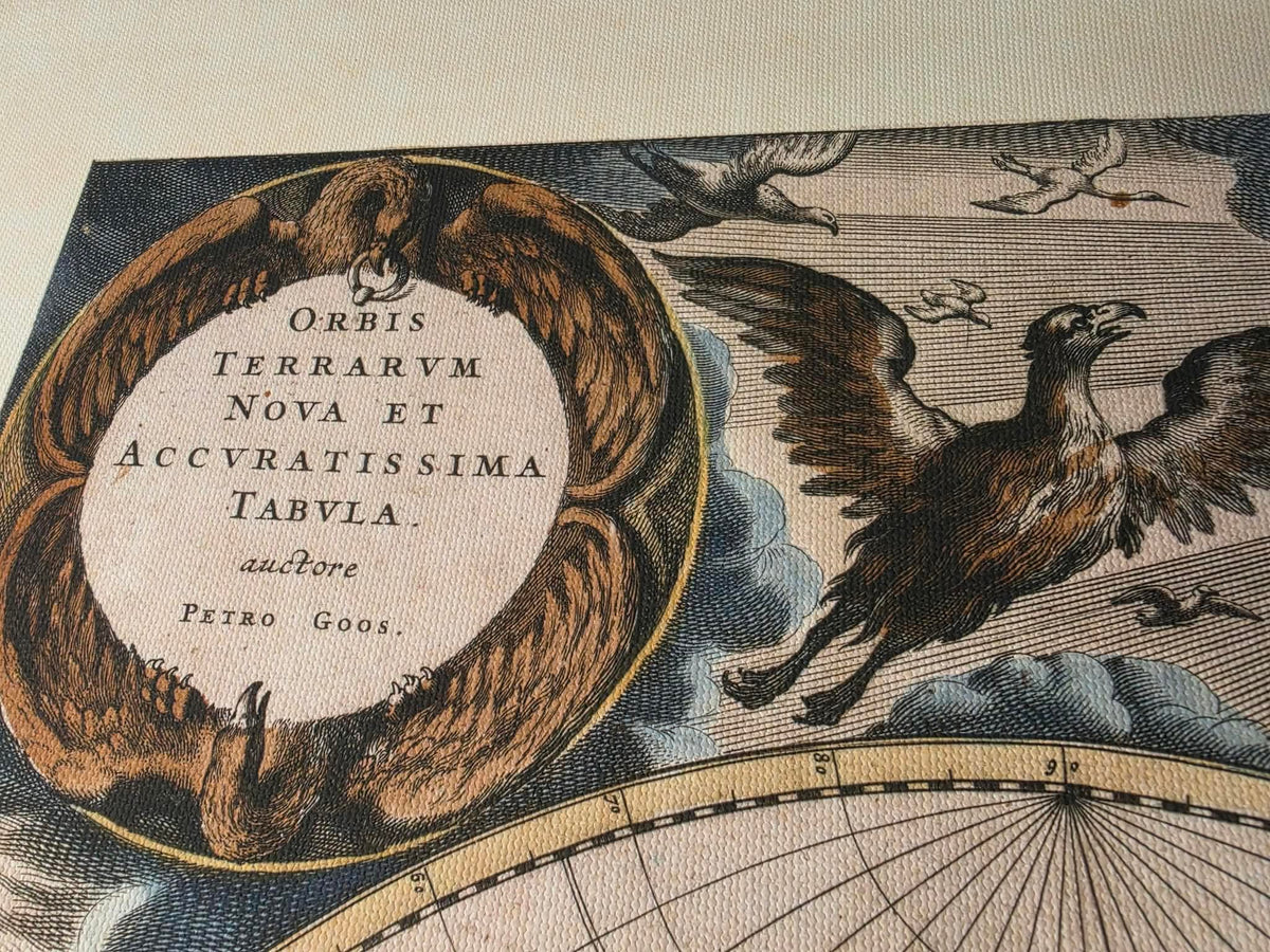 Póster del mapa mundial de Pieter Goos 1667 - con ilustración ornamentada y estilo atlas