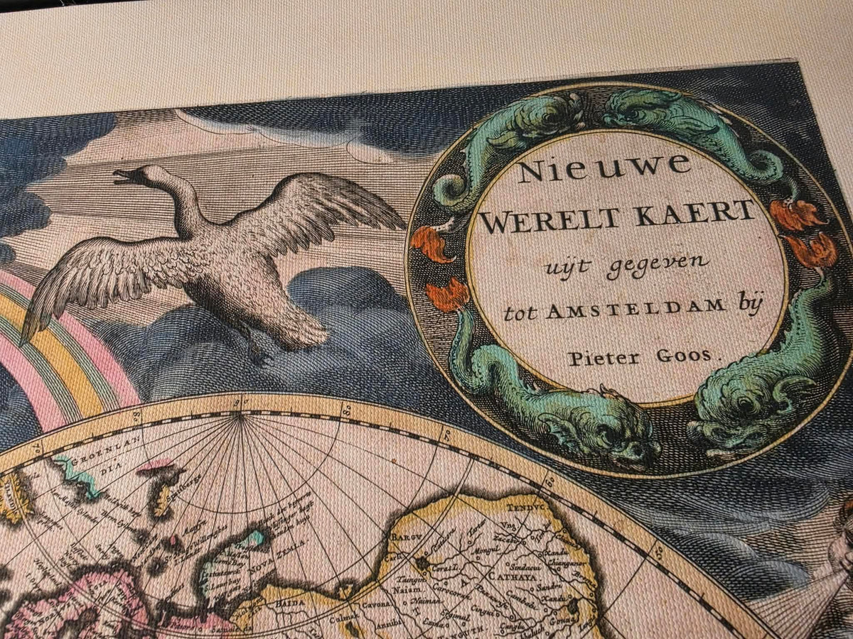 Póster del mapa mundial de Pieter Goos 1667 - con ilustración ornamentada y estilo atlas