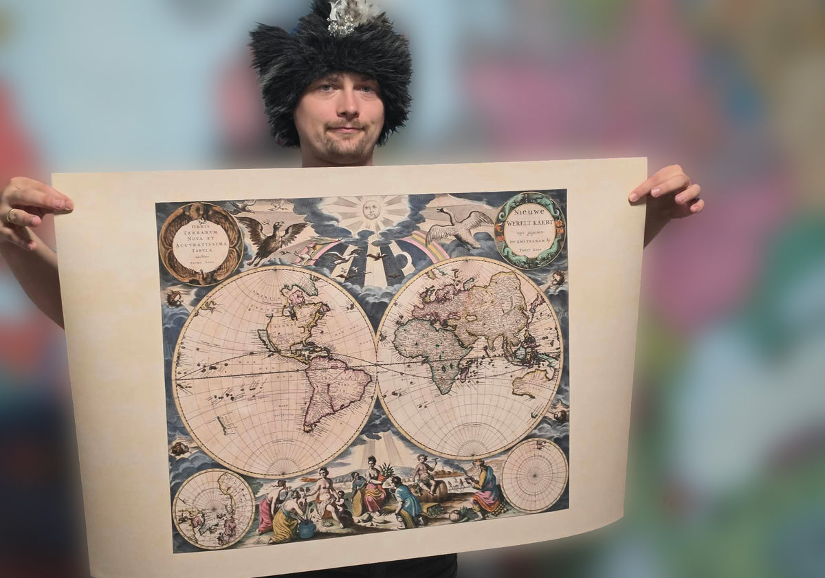 Póster del mapa mundial de Pieter Goos 1667 - con ilustración ornamentada y estilo atlas
