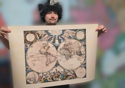 Póster del mapa mundial de Pieter Goos 1667 - con ilustración ornamentada y estilo atlas