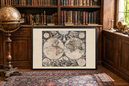 Pieter Goos 1667 wereldkaart poster - met sierlijke illustratie en atlasstijl