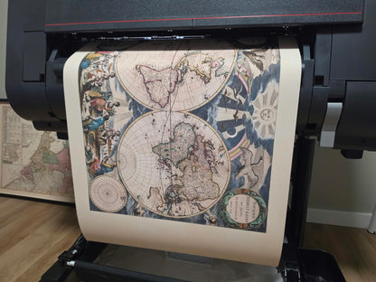 Póster del mapa mundial de Pieter Goos 1667 - con ilustración ornamentada y estilo atlas