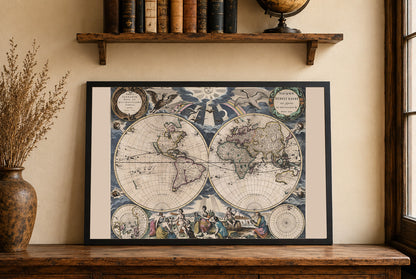 Pieter Goos 1667 wereldkaart poster - met sierlijke illustratie en atlasstijl