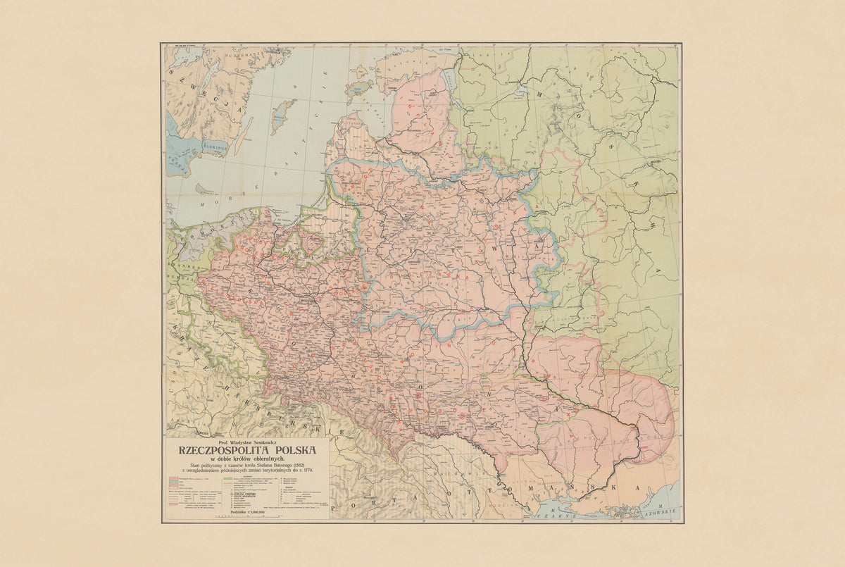 Polish-Lithuanian Commonwealth 1582–1770 - Stefan Batory - Władysław Semkowicz Historical Map Poster