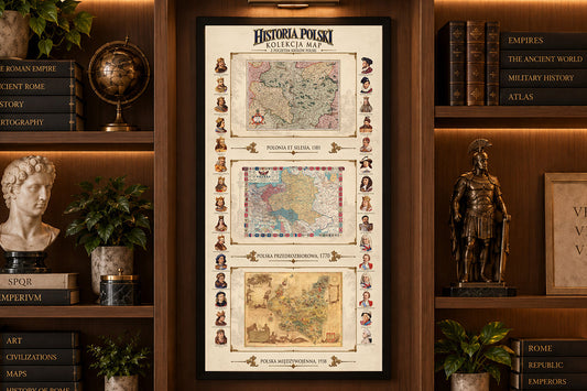 Sammlung zur Geschichte Polens - 3 historische Karten & polnische Herrscher - Kartenposter