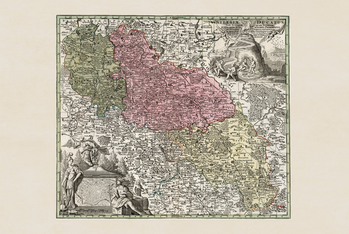 Historische kaartposter van Silezië – Opper- en Neder-Silezië, 18e eeuw, wanddecoratie
