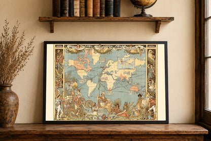 Victoriaanse tijdperk Britse Rijk kaart poster (1886) met wereldregio’s en culturele kleding