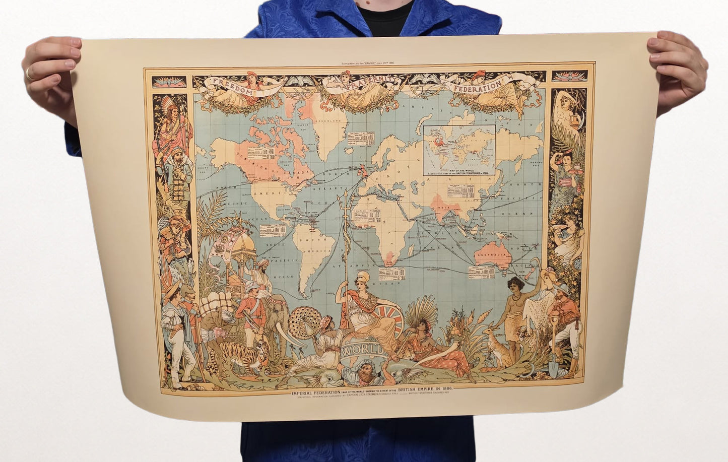 Victoriaanse tijdperk Britse Rijk kaart poster (1886) met wereldregio’s en culturele kleding