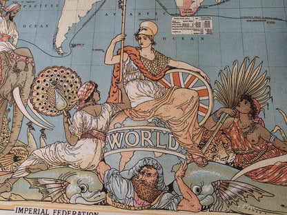 Victoriaanse tijdperk Britse Rijk kaart poster (1886) met wereldregio’s en culturele kleding
