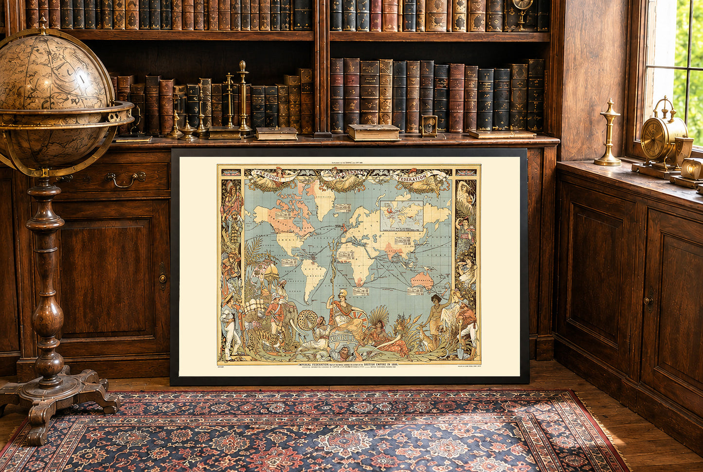 Victoriaanse tijdperk Britse Rijk kaart poster (1886) met wereldregio’s en culturele kleding