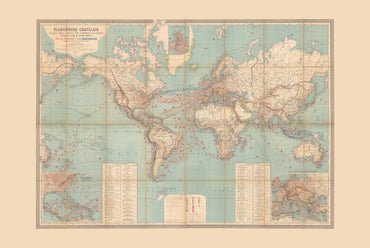 Vintage World Map Poster - Steamships & Telegraph Cables, 1889 | Chatelain