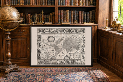 Vintage World Map (1630) - Fine Art Print Showing Mythology and Seven Wonders