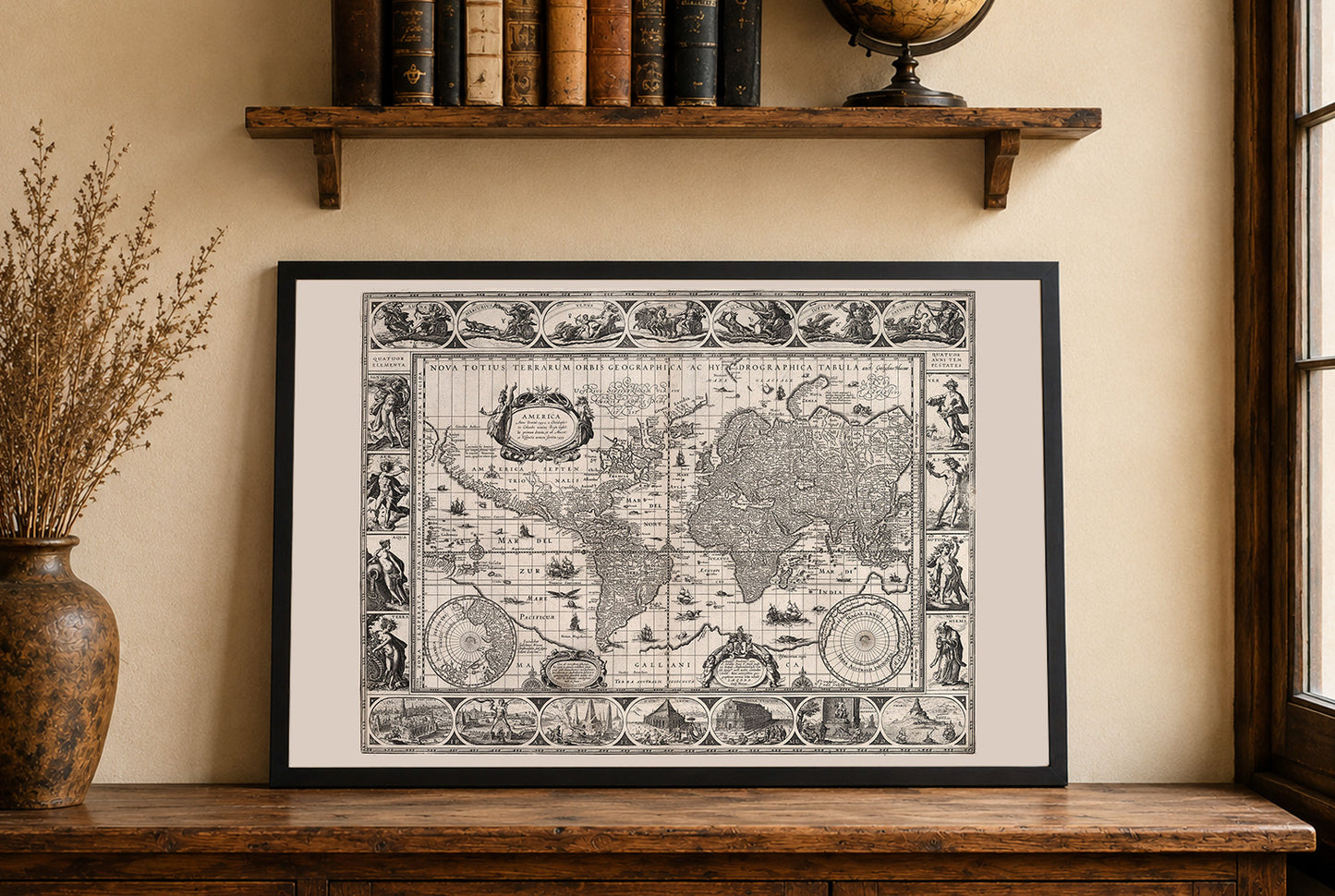 Vintage World Map (1630) - Fine Art Print Showing Mythology and Seven Wonders