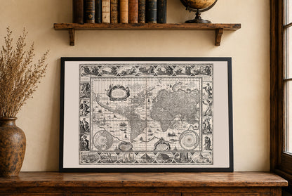 Vintage World Map (1630) - Fine Art Print Showing Mythology and Seven Wonders