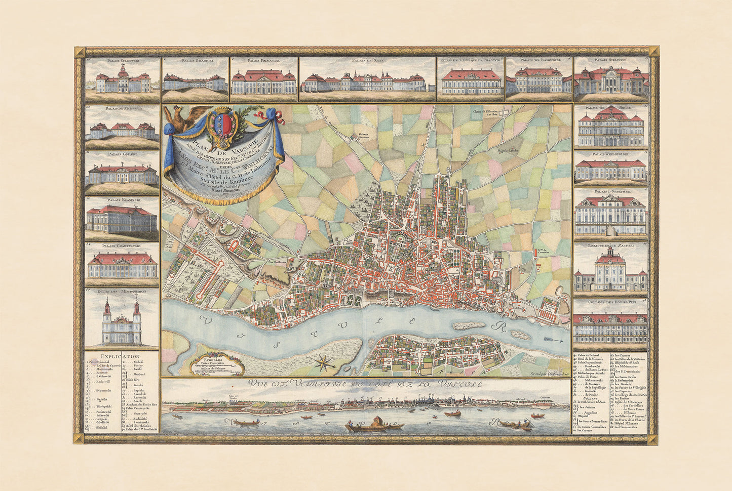 Warschau 1772 - Historische Kaart van de Poolse Hoofdstad met Belangrijke Paleizen
