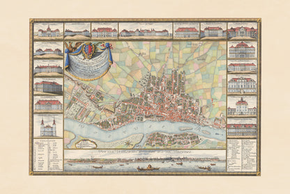 Warschau 1772 - Historische Kaart van de Poolse Hoofdstad met Belangrijke Paleizen