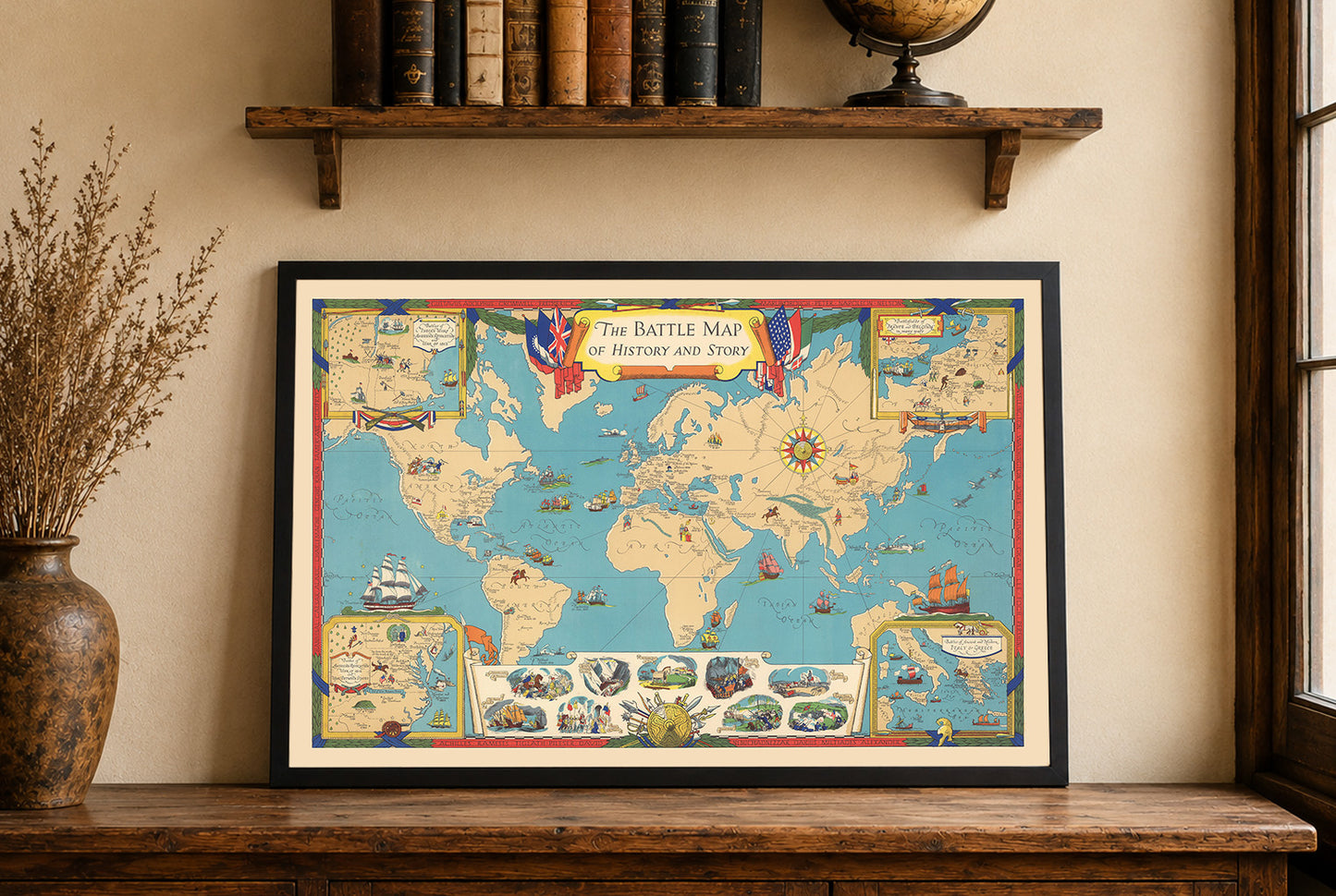 Wereldgeschiedenis kaart print - Illustratie van belangrijke veldslagen en locaties van wereldwijde conflicten