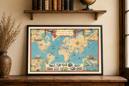 Wereldgeschiedenis kaart print - Illustratie van belangrijke veldslagen en locaties van wereldwijde conflicten