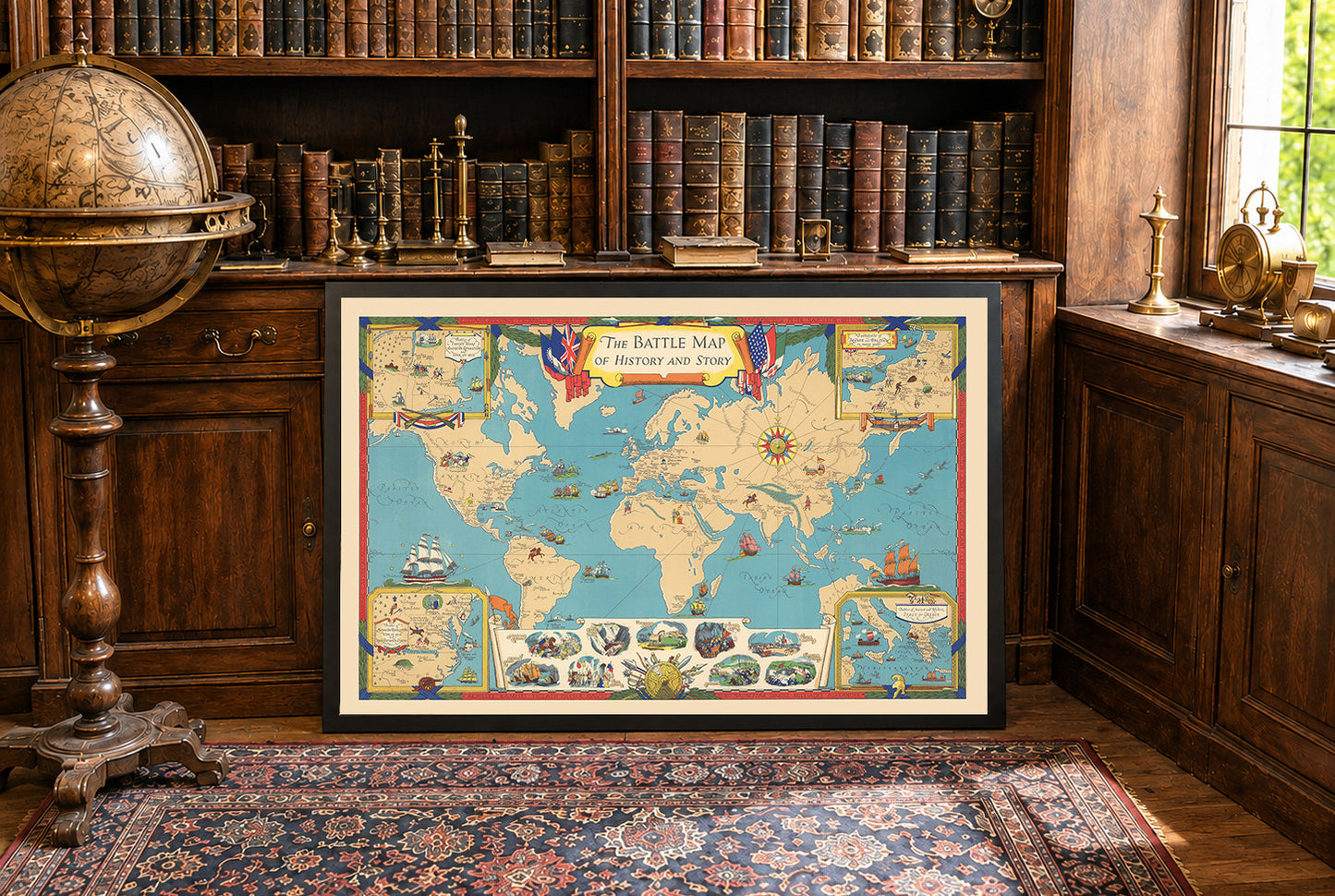 Wereldgeschiedenis kaart print - Illustratie van belangrijke veldslagen en locaties van wereldwijde conflicten