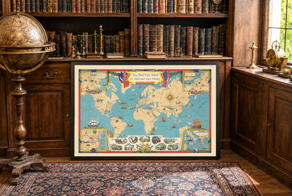 Wereldgeschiedenis kaart print - Illustratie van belangrijke veldslagen en locaties van wereldwijde conflicten