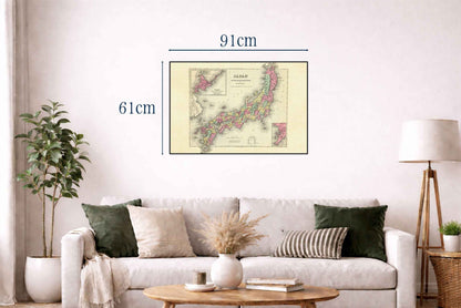 1856 Japan Map Poster - Nippon with Kiusiu, Sikok and Yesso Detail, Hand-Colored Regions - Strategy Maps