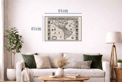 1630 Americas Map Poster - Americae Nova Tabula with Key Cities and Cultural Attire - Strategy Maps